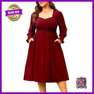 Plus Size Maxi Dress Long Sleeve Square Neck Back Tie Pockets Work Casual